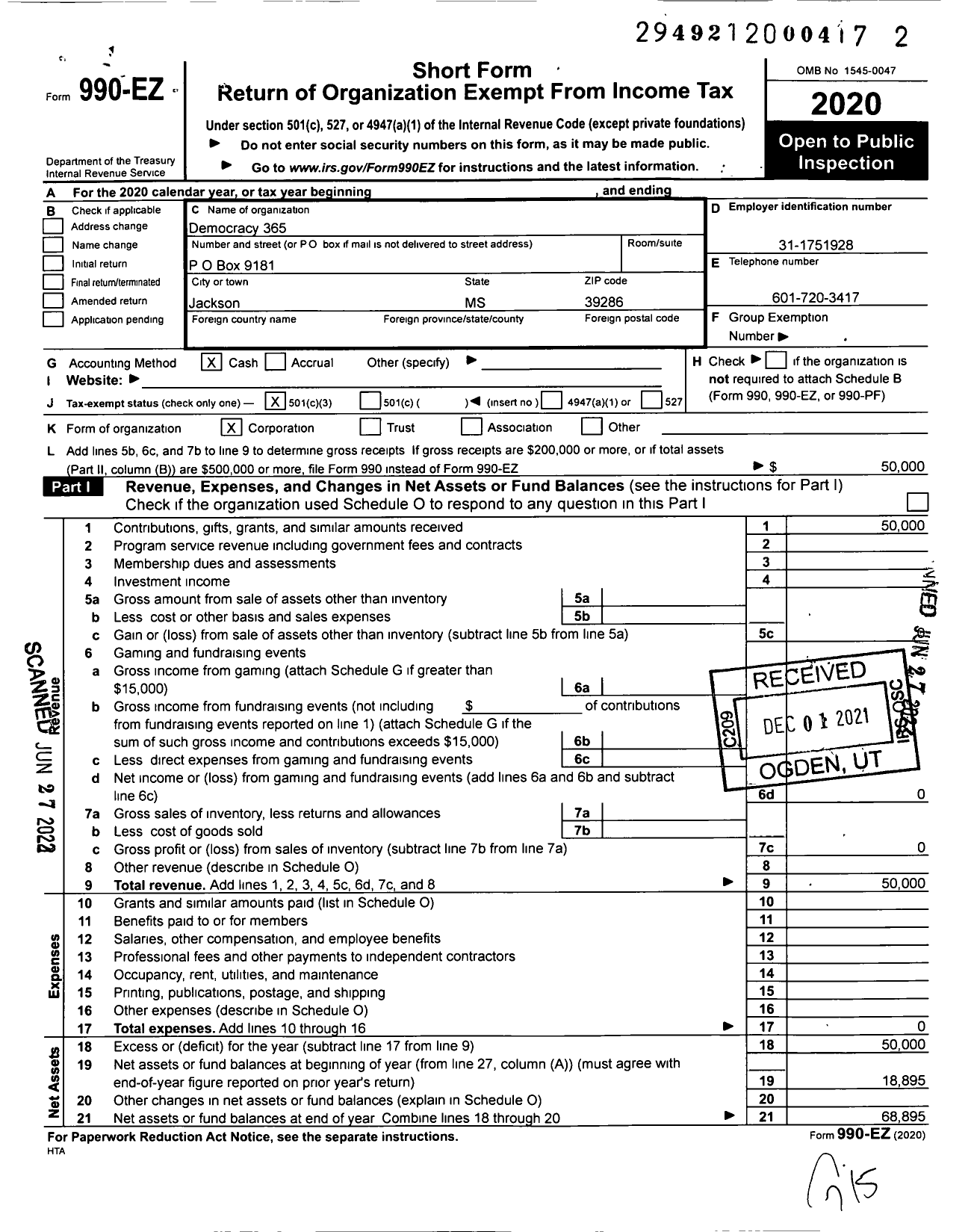 Image of first page of 2020 Form 990EZ for Democracy 365