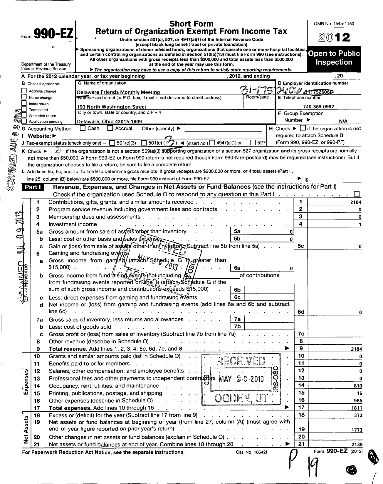 Image of first page of 2012 Form 990EZ for Delaware Friends Monthly Meeting