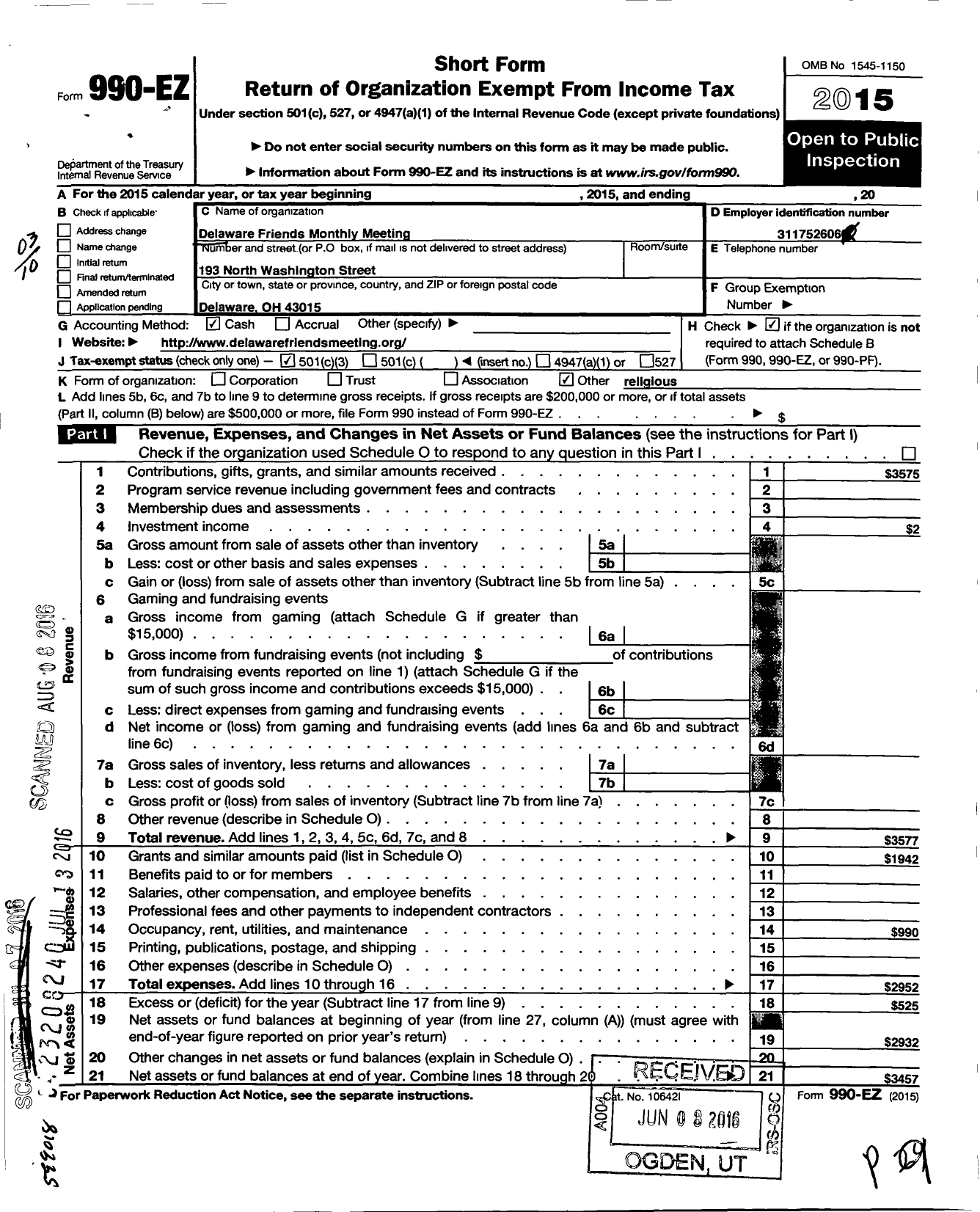 Image of first page of 2015 Form 990EZ for Delaware Friends Monthly Meeting