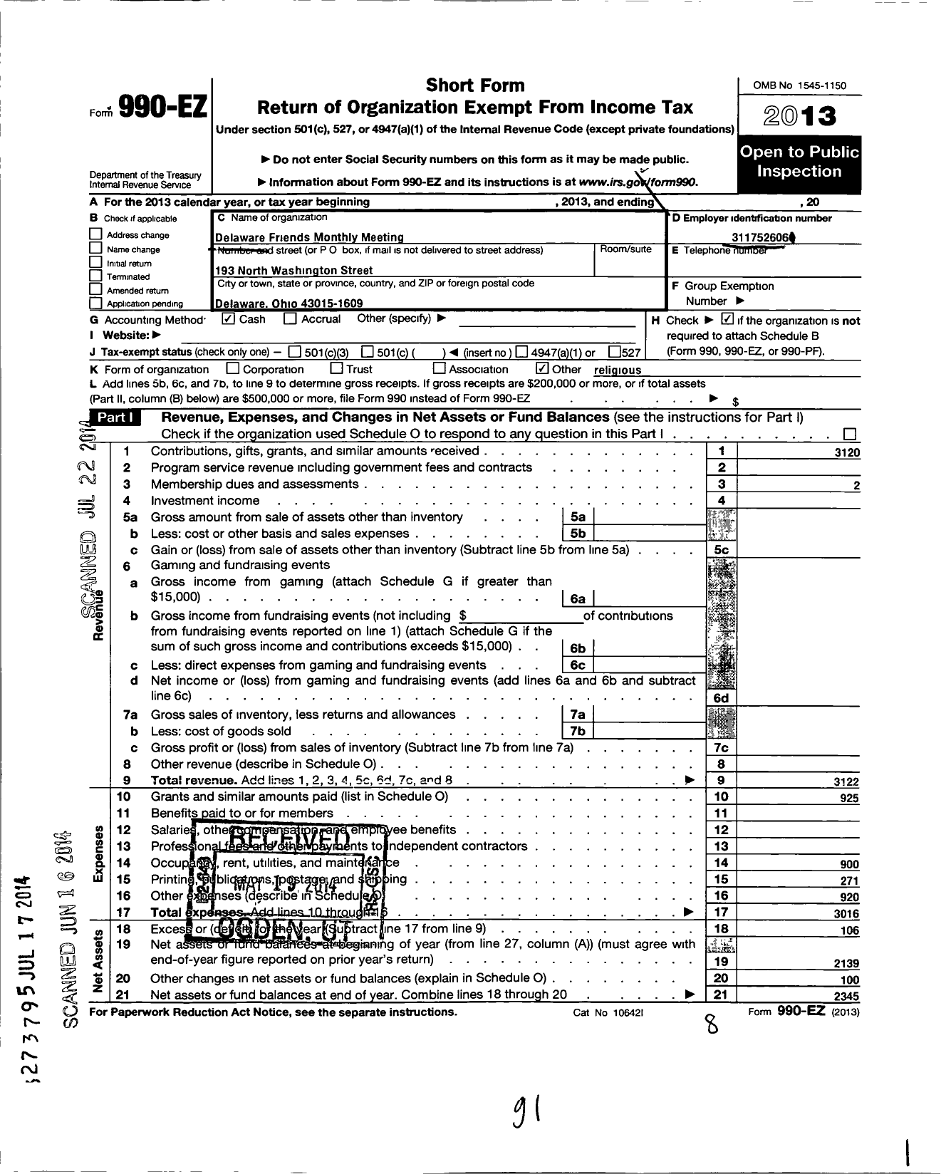 Image of first page of 2013 Form 990EO for Delaware Friends Monthly Meeting