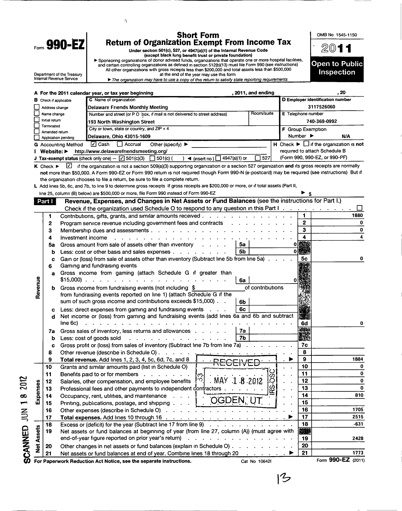 Image of first page of 2011 Form 990EZ for Delaware Friends Monthly Meeting