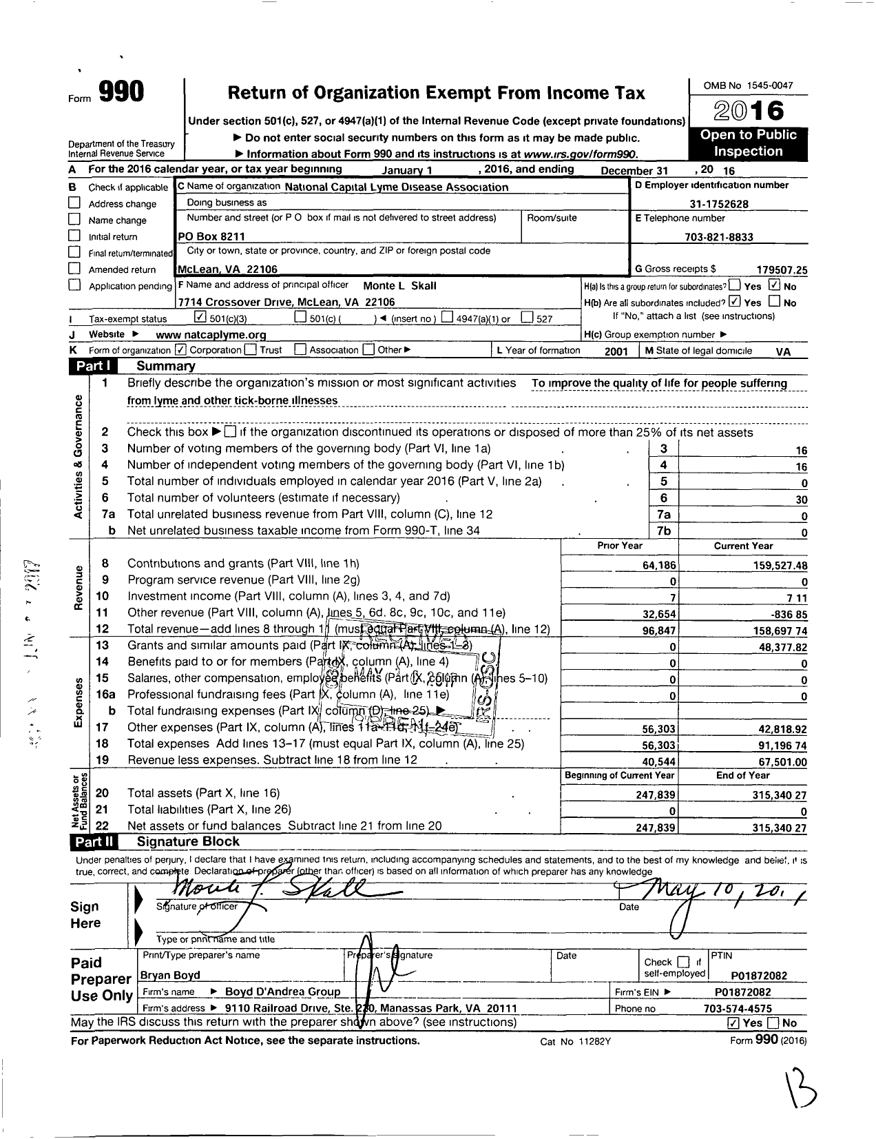 Image of first page of 2016 Form 990 for National Capital Lyme Disease Association