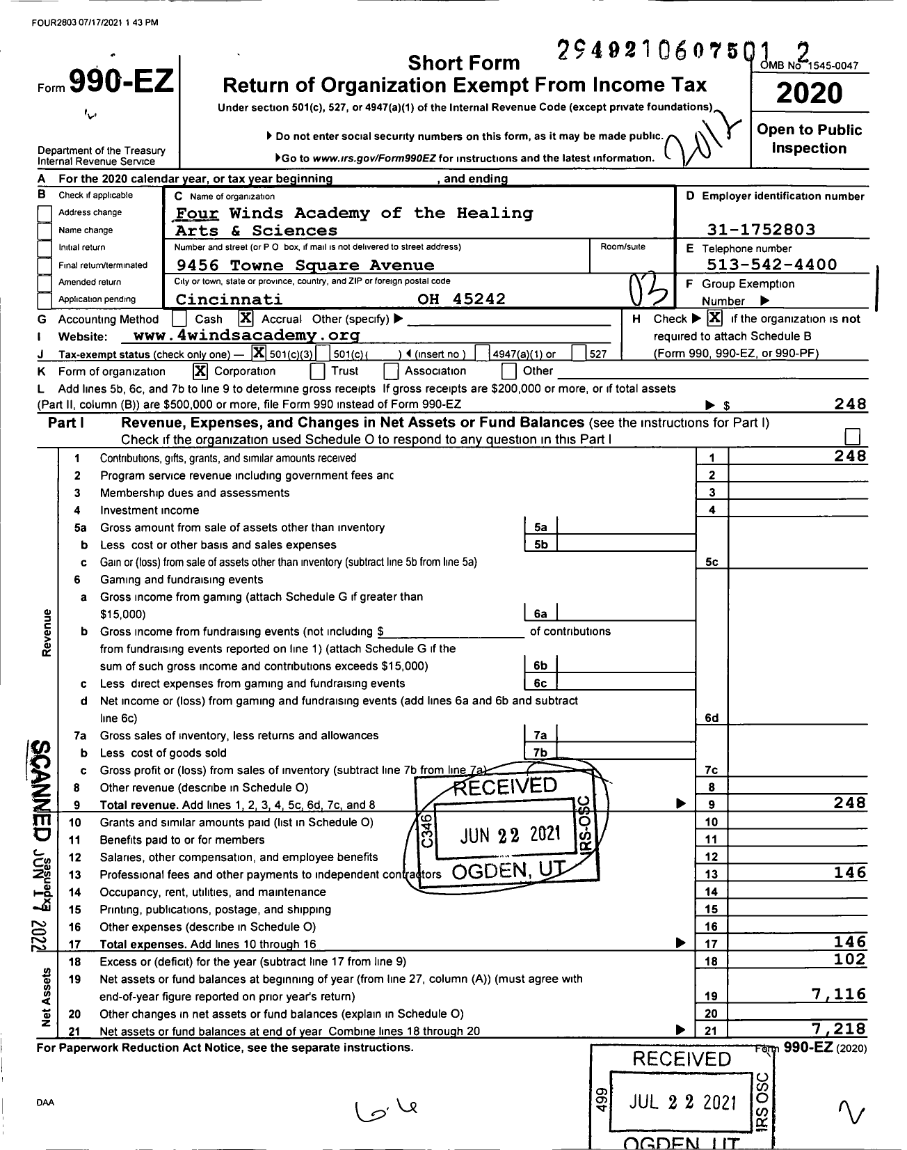 Image of first page of 2020 Form 990EZ for Fourwinds Winds Academy of the Healing Arts & Sciences