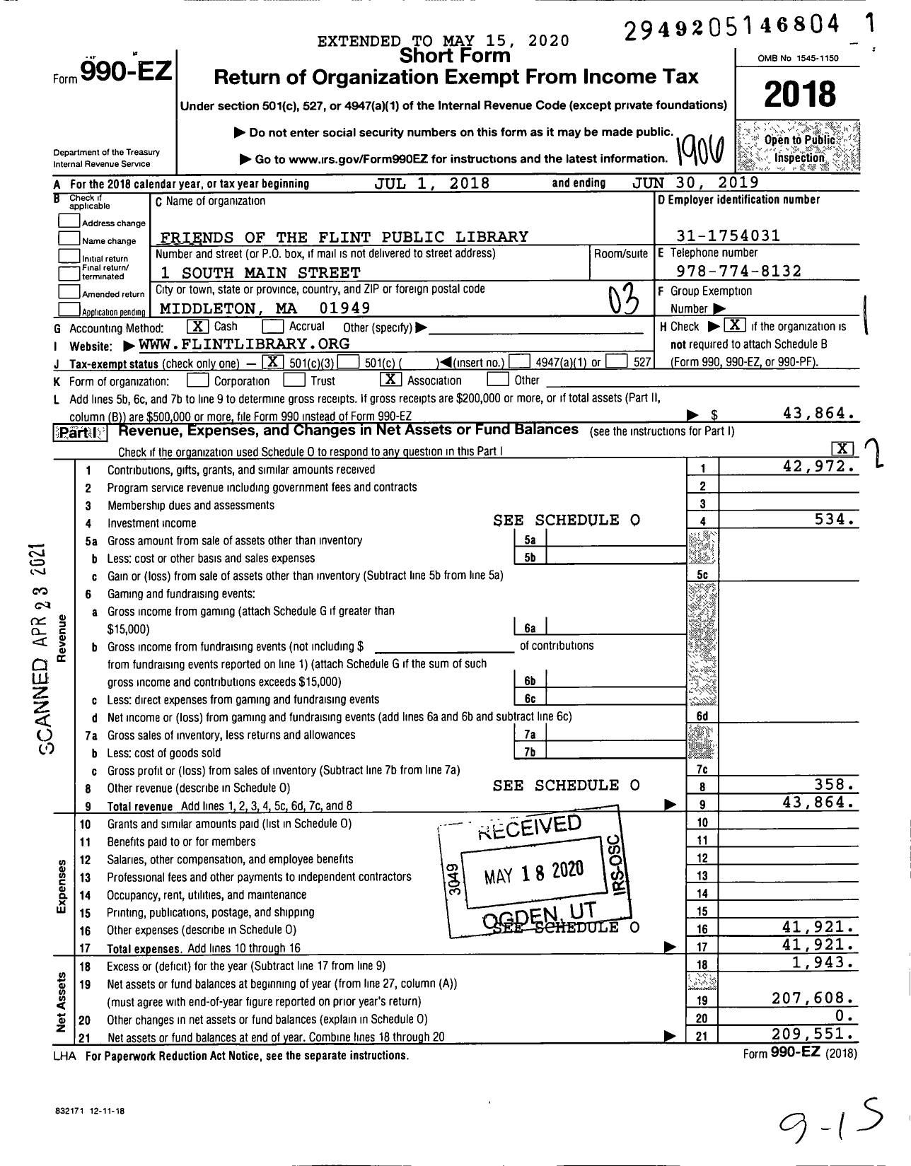 Image of first page of 2018 Form 990EZ for Friends of the Flint Public Library