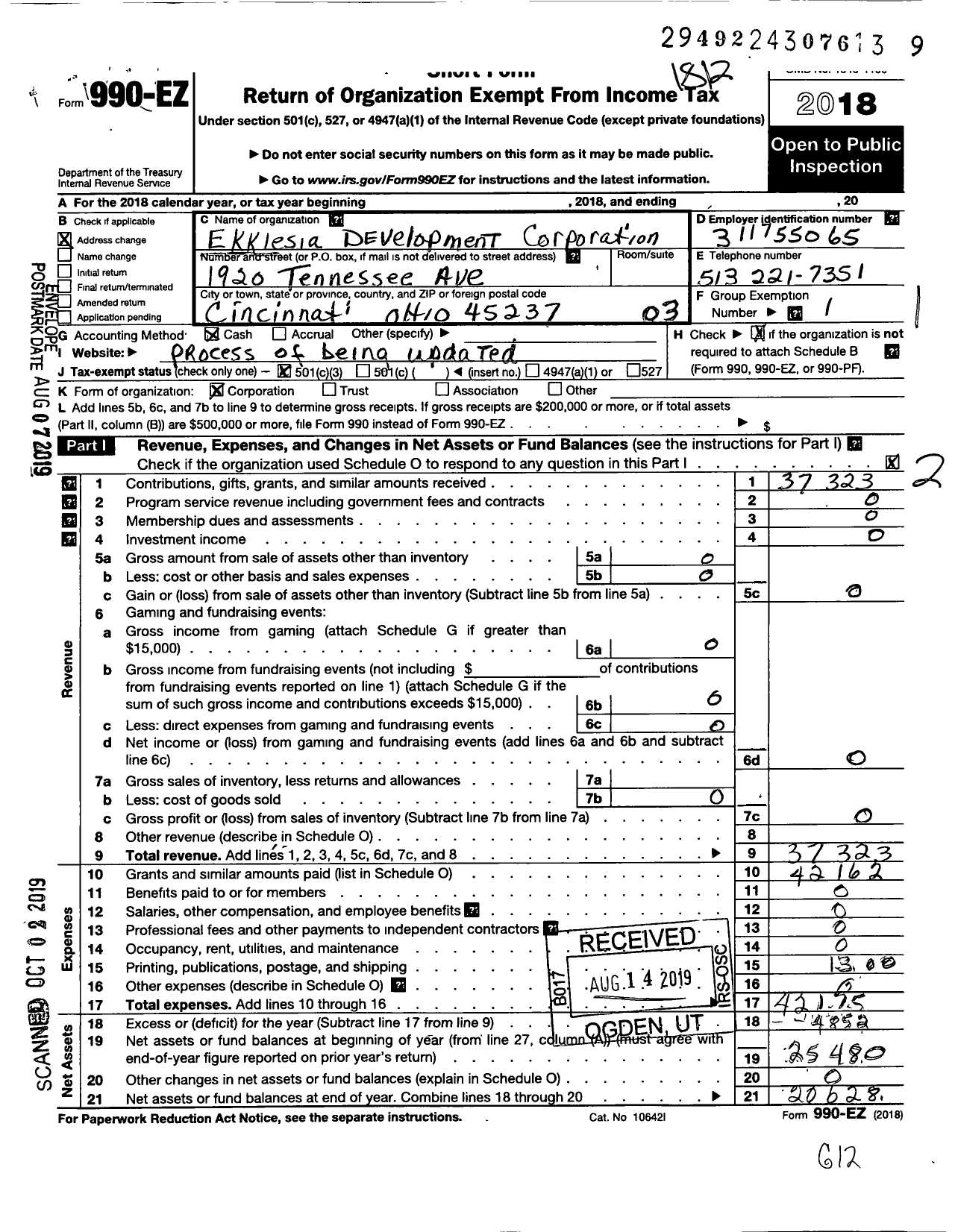 Image of first page of 2018 Form 990EZ for Ekklesia Development Corporation