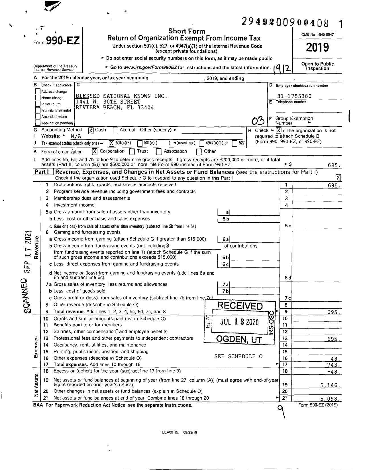 Image of first page of 2019 Form 990EZ for Blessed National Known