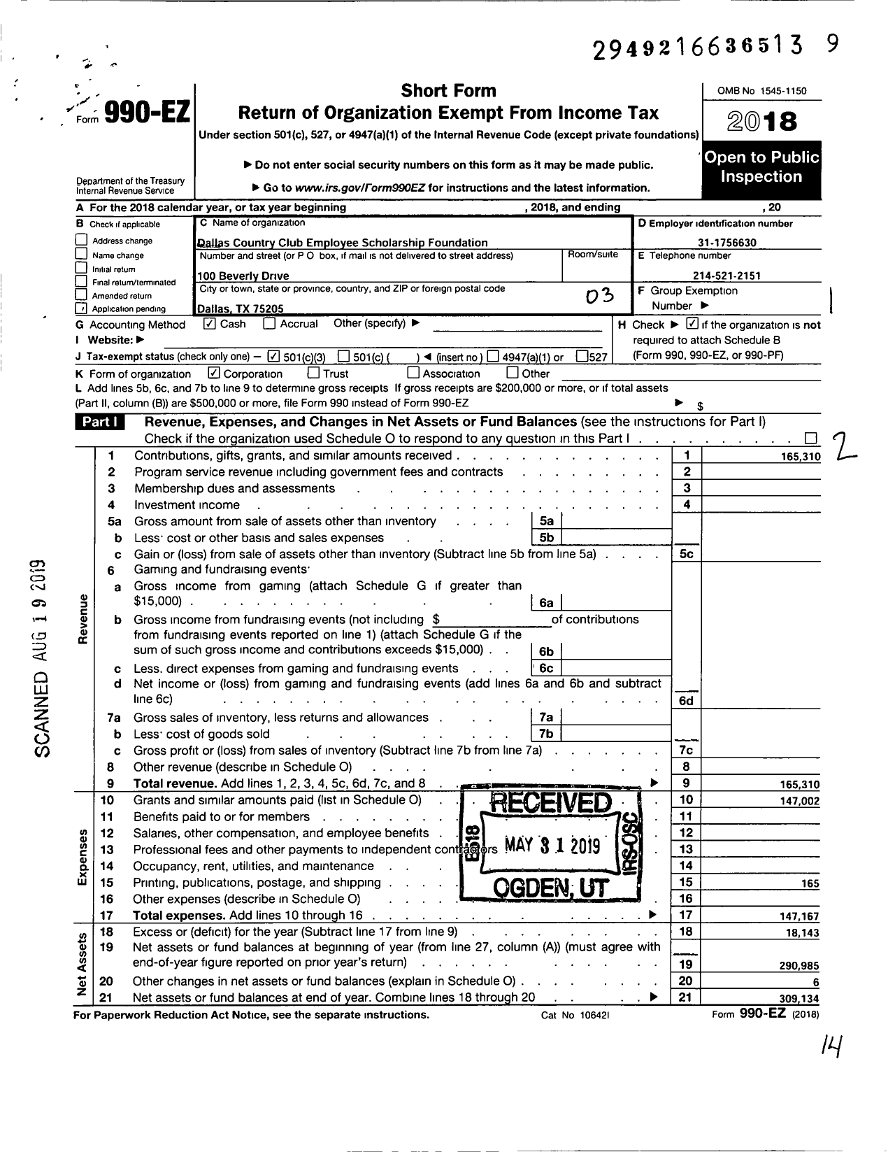 Image of first page of 2018 Form 990EZ for Dallas Country Club Scholarship