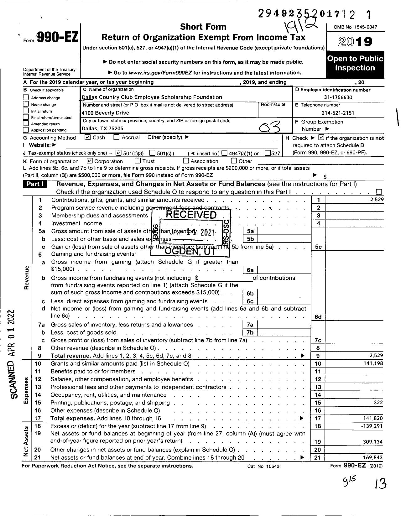 Image of first page of 2019 Form 990EZ for Dallas Country Club Scholarship