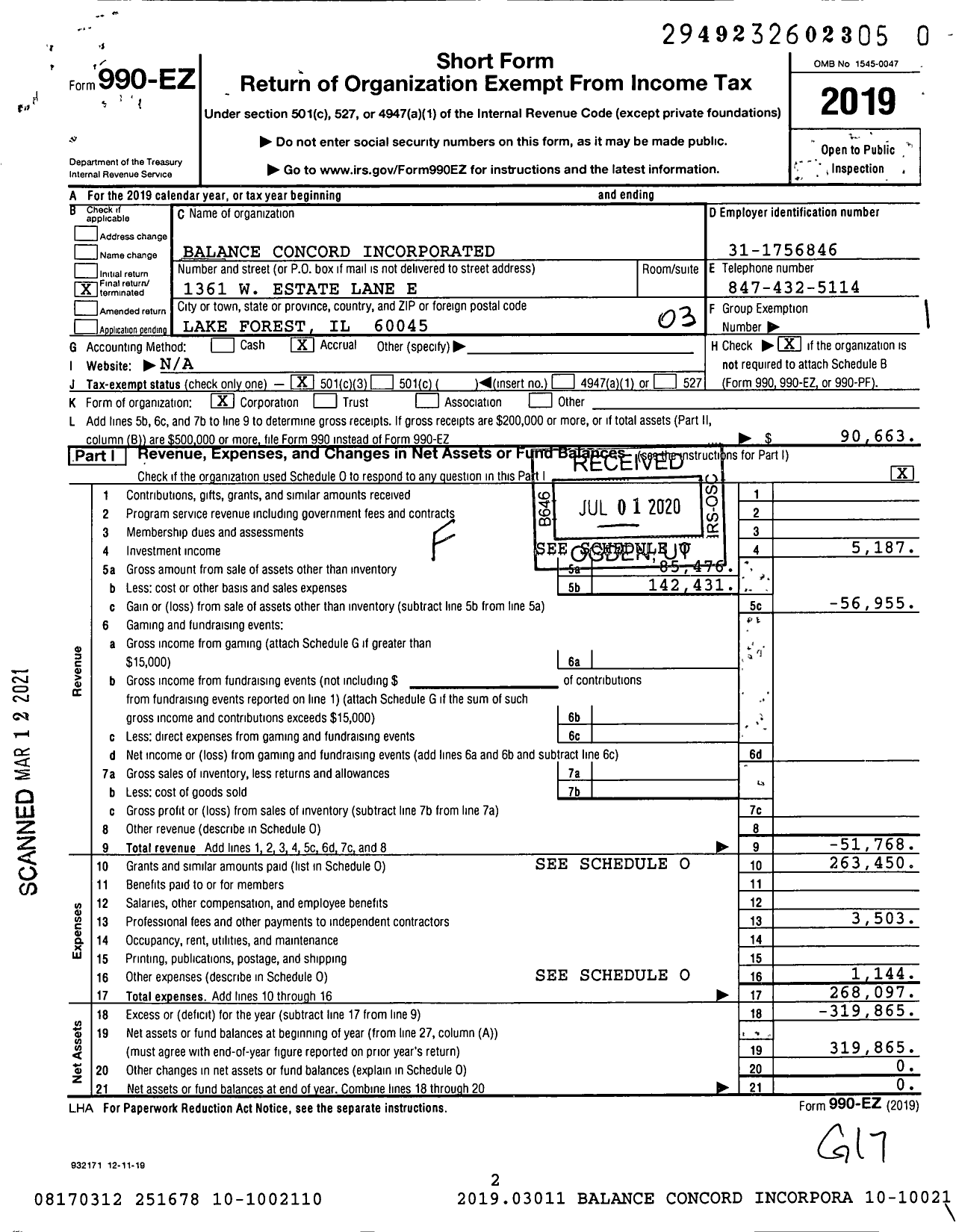 Image of first page of 2019 Form 990EZ for Balance Concord Incorporated