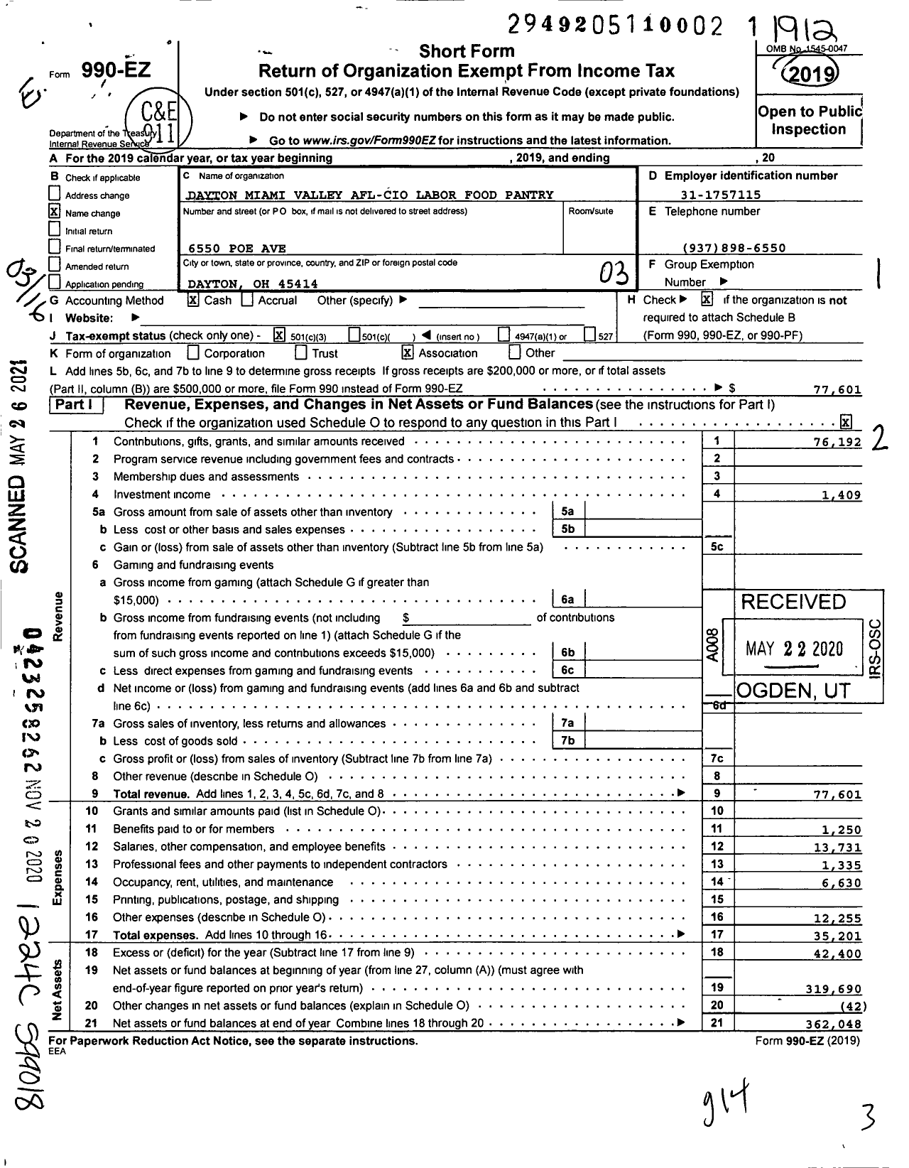 Image of first page of 2019 Form 990EZ for Dayton Miami Valley AFL-CIO Labor Food Pantry