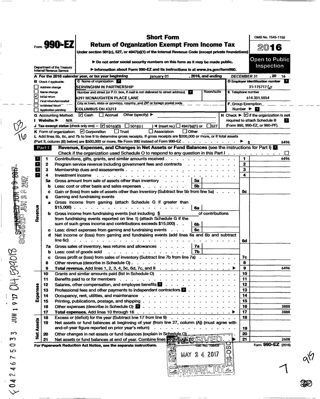 Image of first page of 2016 Form 990EZ for Serving Him in Partnership