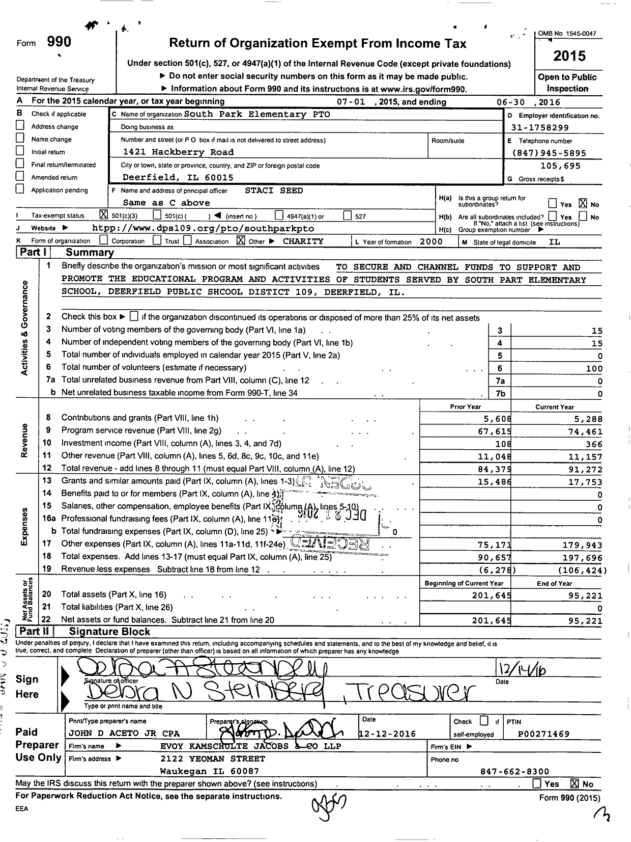 Image of first page of 2015 Form 990 for South Park Elementary PTO