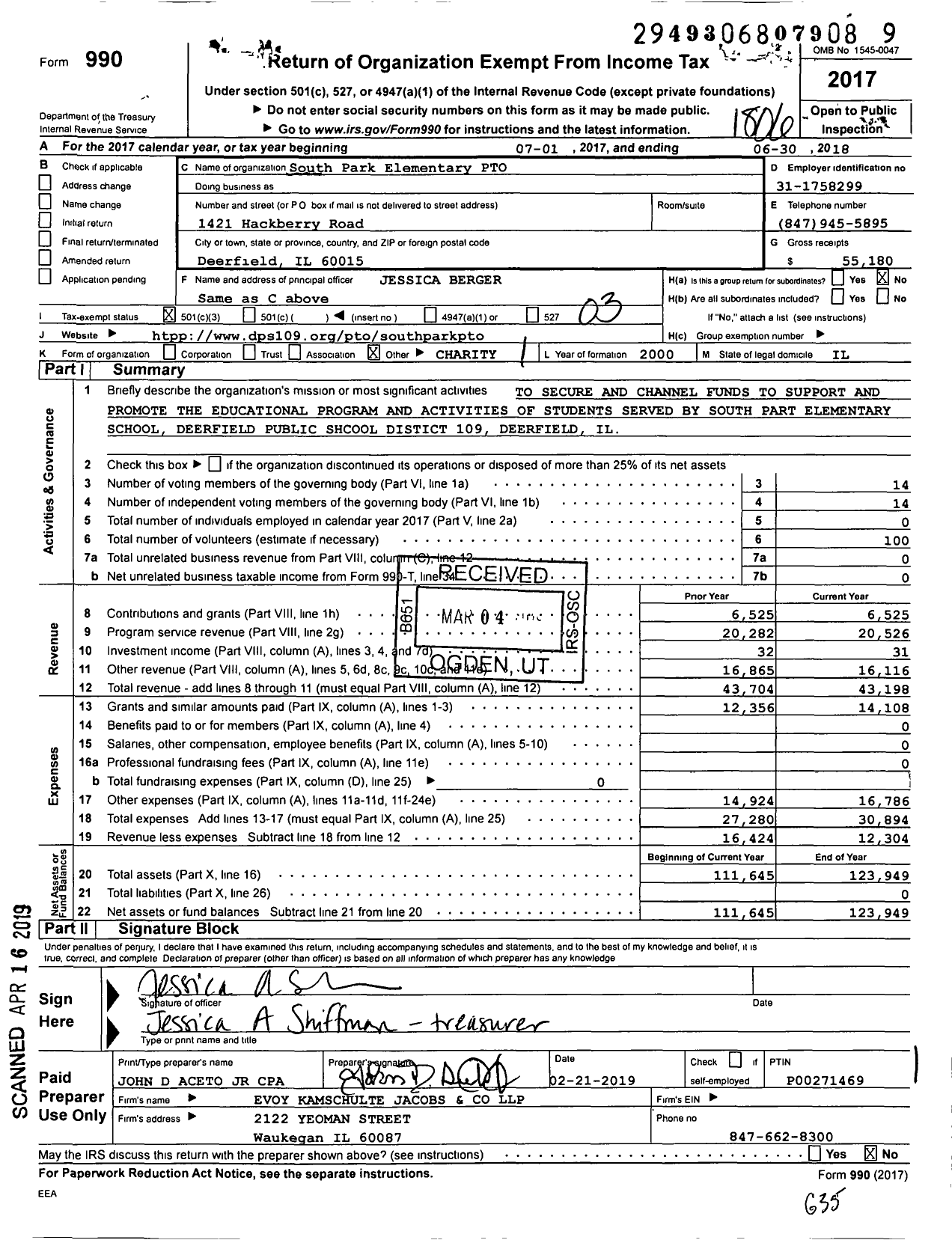 Image of first page of 2017 Form 990 for South Park Elementary PTO