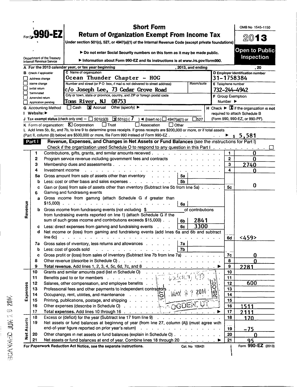 Image of first page of 2013 Form 990EO for Ocean Thunder Chapter Ocean County NJ in