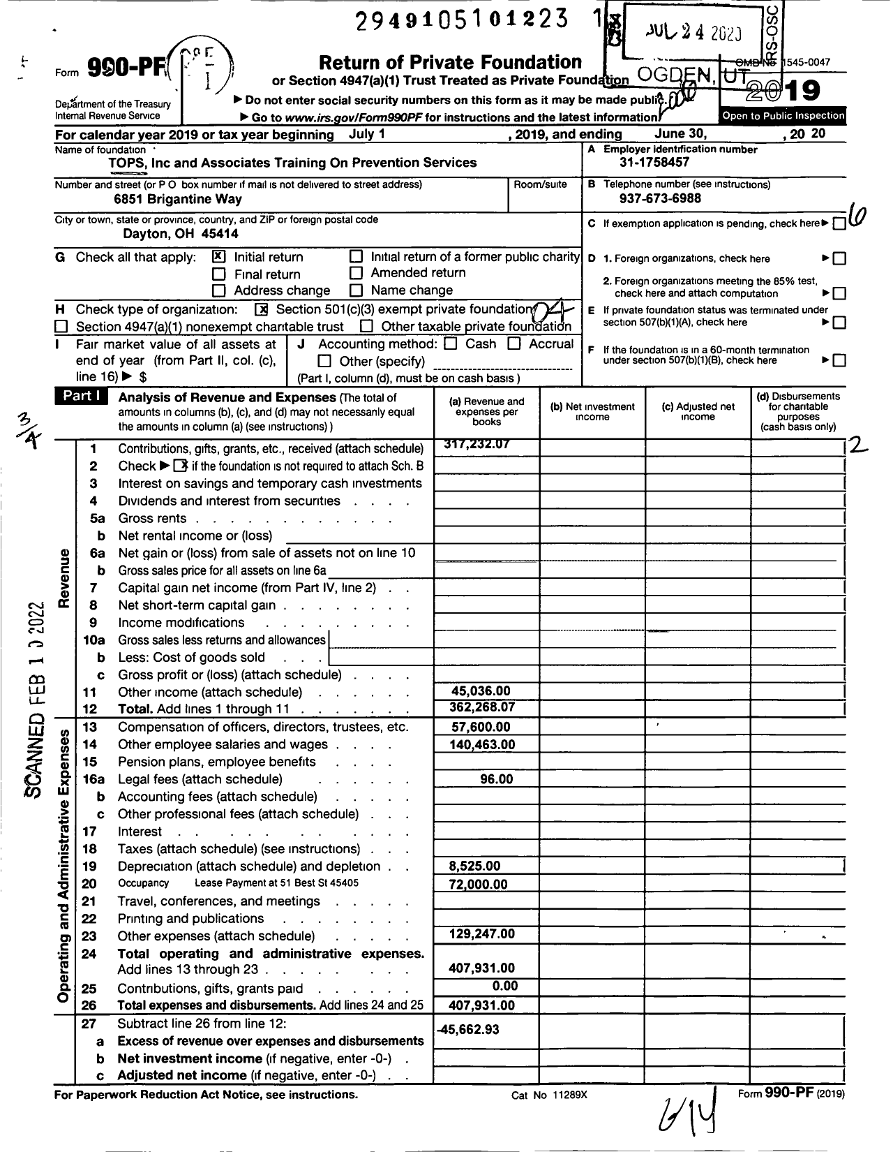 Image of first page of 2019 Form 990PF for Tops and Associate Training