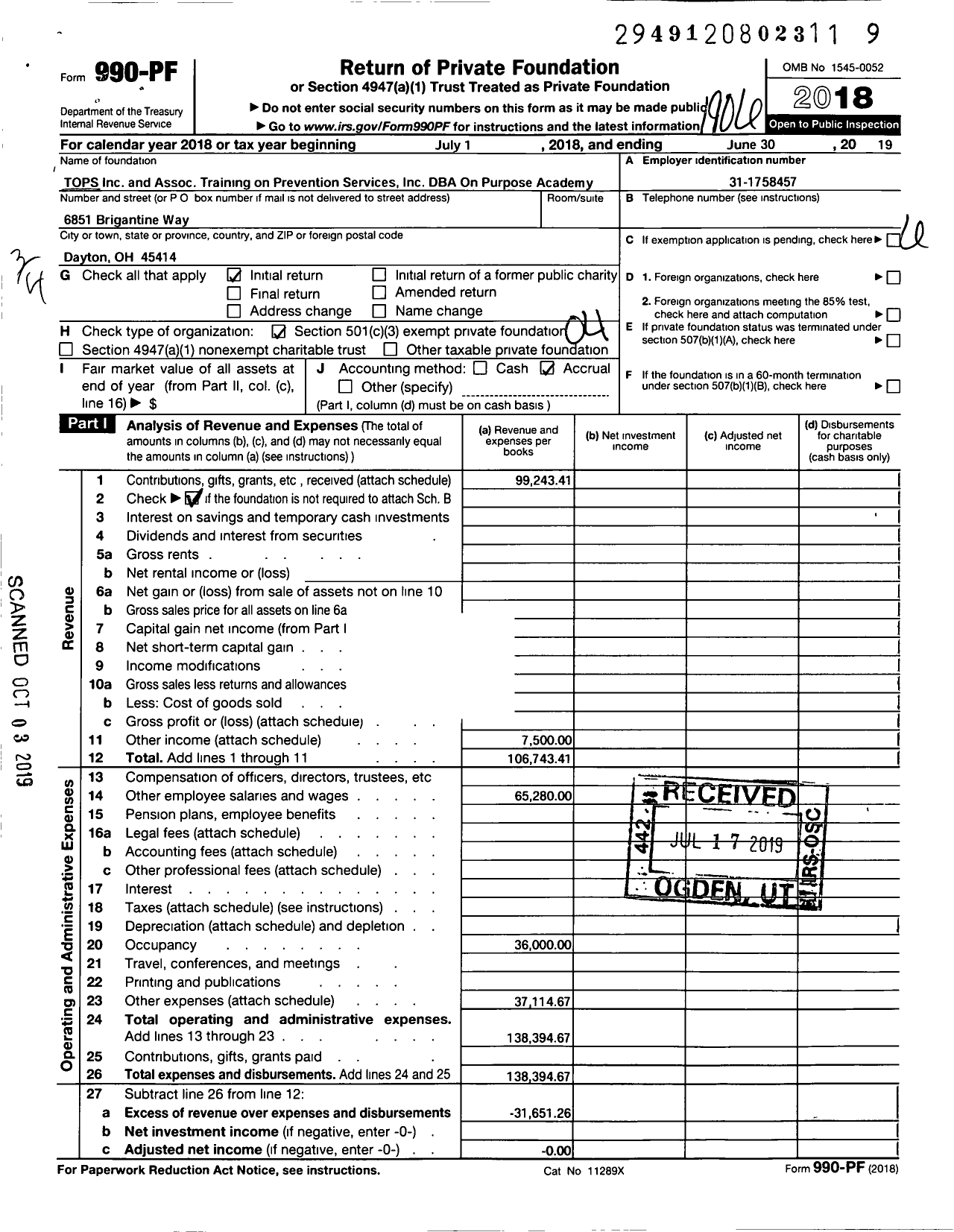 Image of first page of 2018 Form 990PF for Tops and Associate Training