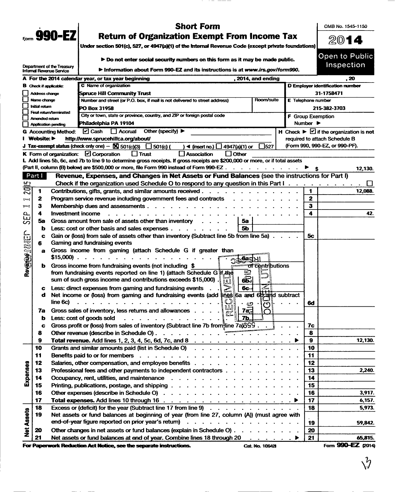 Image of first page of 2014 Form 990EZ for Spruce Hill Community Trust