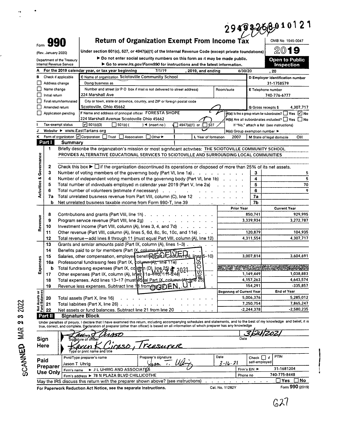 Image of first page of 2019 Form 990 for Sciotoville Community School