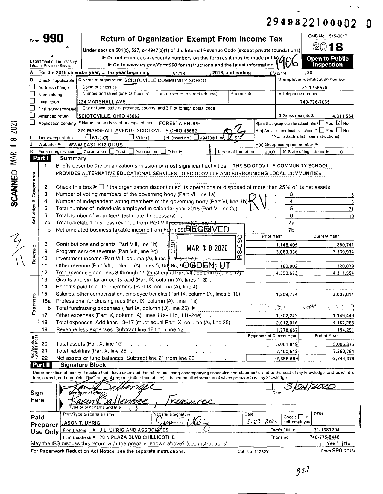 Image of first page of 2018 Form 990 for Sciotoville Community School