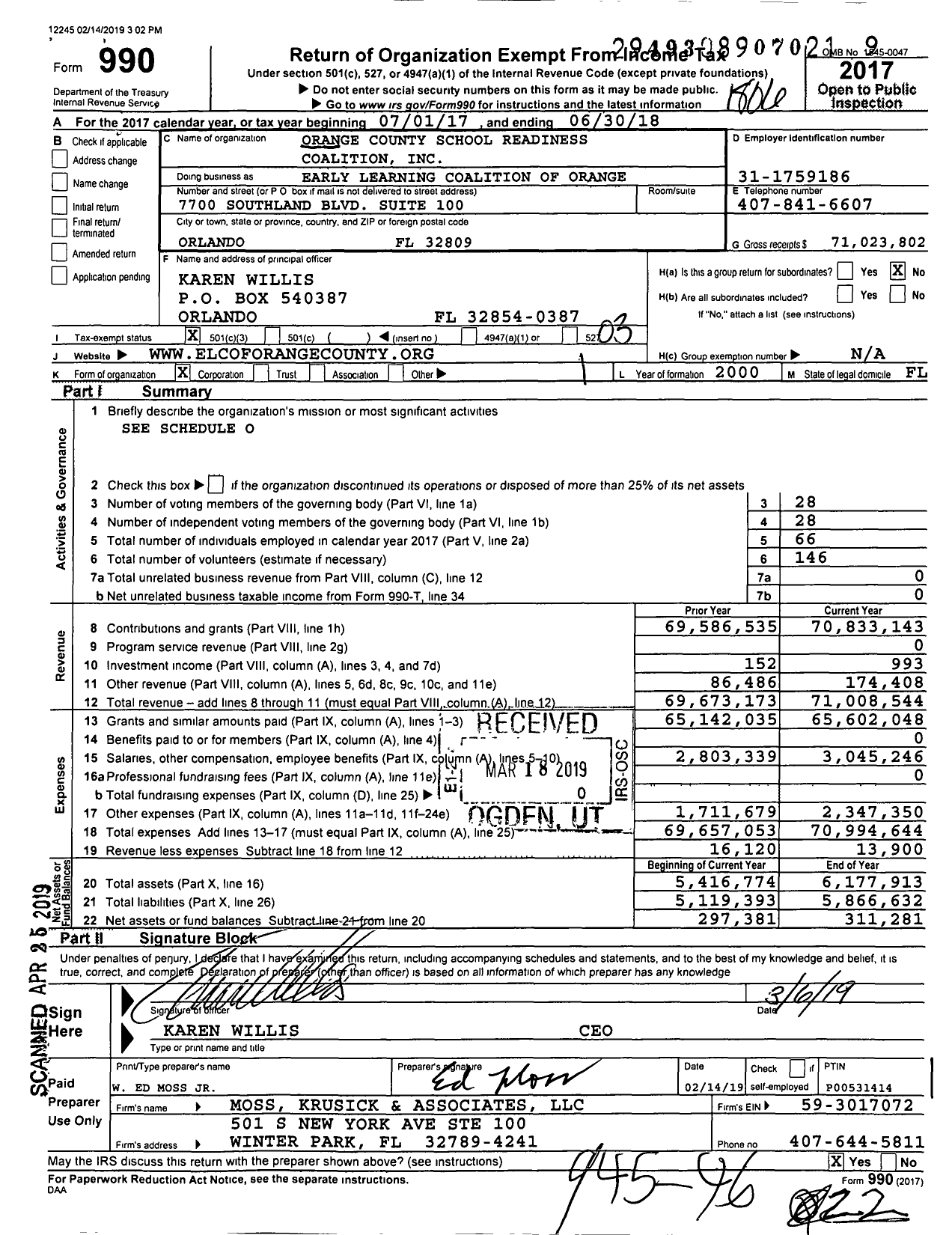 Image of first page of 2017 Form 990 for Early Learning Coalition of Orange