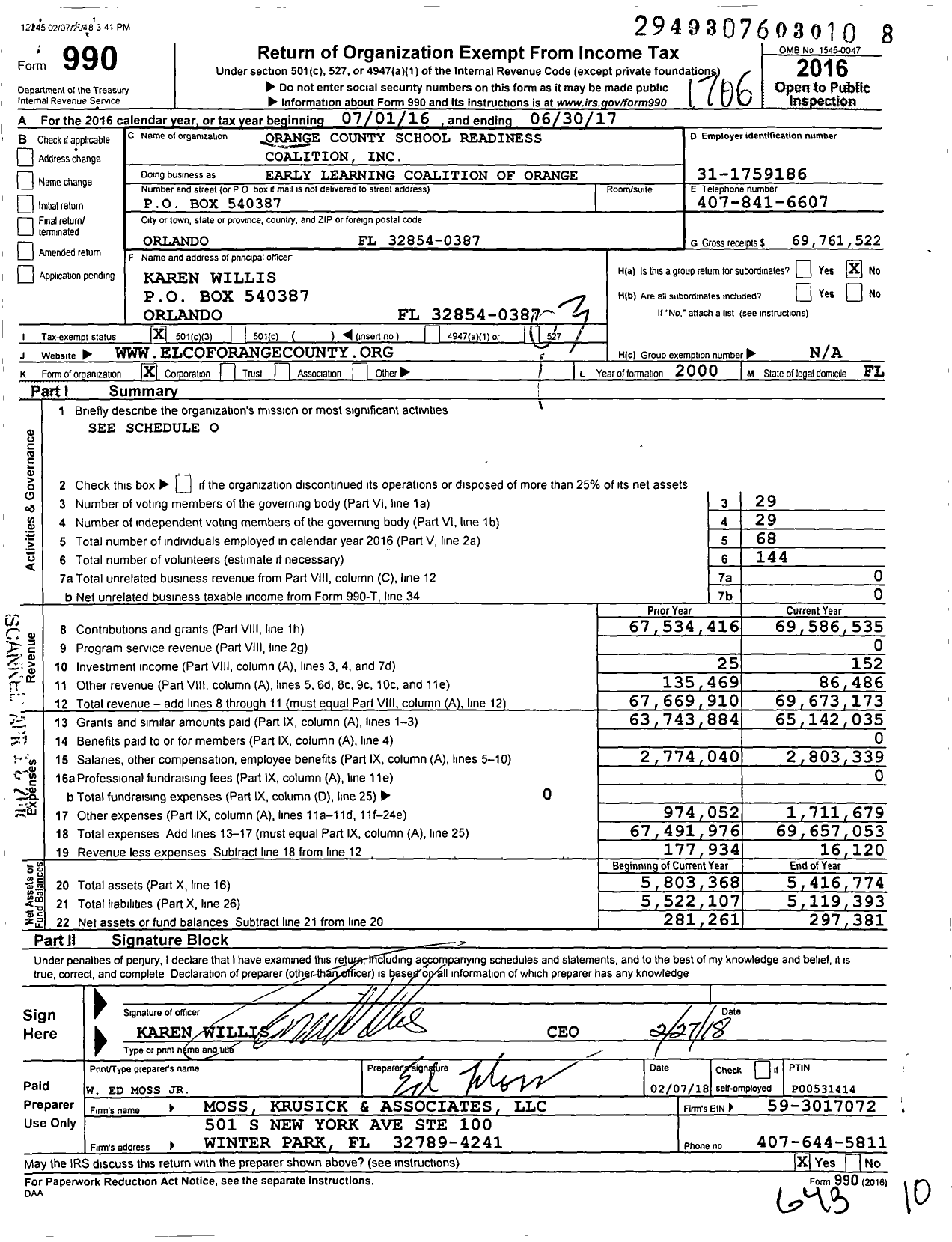 Image of first page of 2016 Form 990 for Early Learning Coalition of Orange
