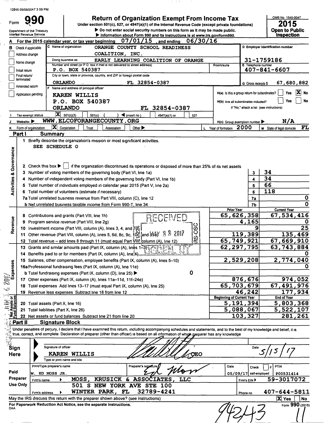 Image of first page of 2015 Form 990 for Early Learning Coalition of Orange