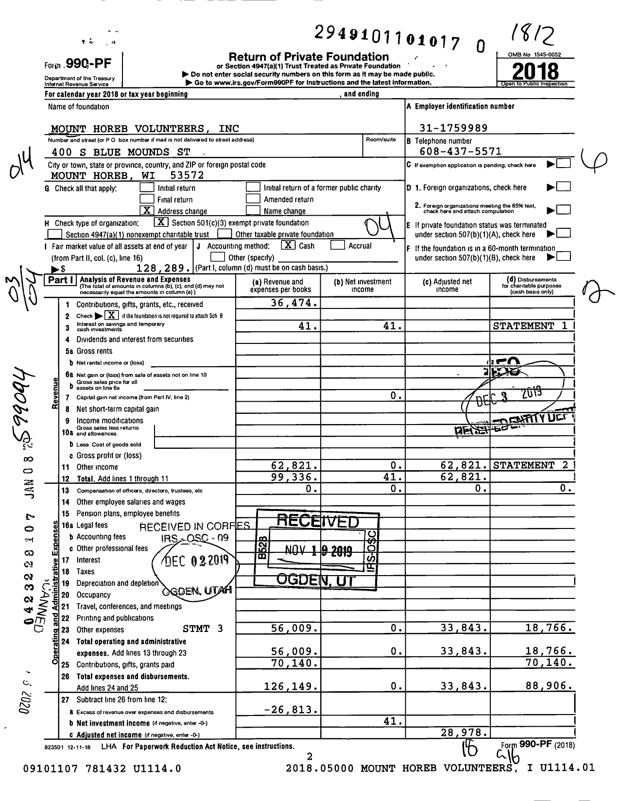 Image of first page of 2018 Form 990PR for Mount Horeb Volunteers