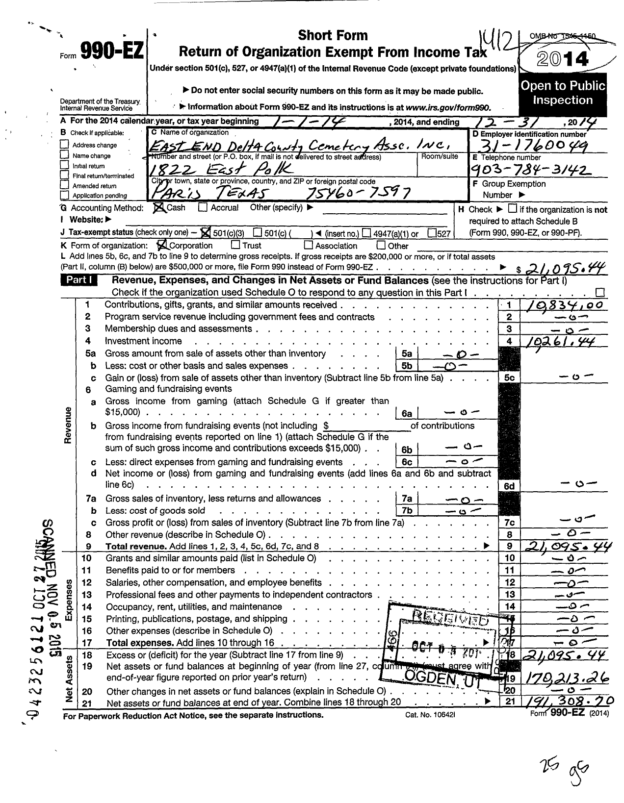 Image of first page of 2014 Form 990EZ for East End Delta County Cemetery Association Incorporated