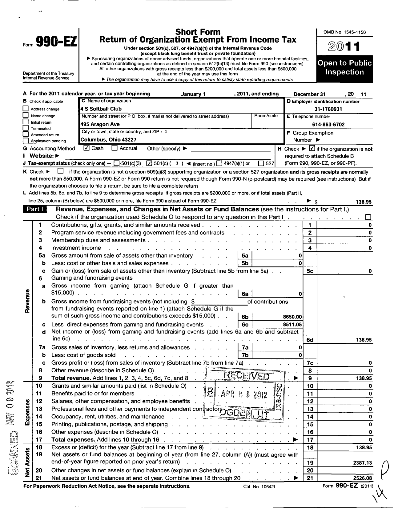 Image of first page of 2011 Form 990EO for 4-s Softball Club