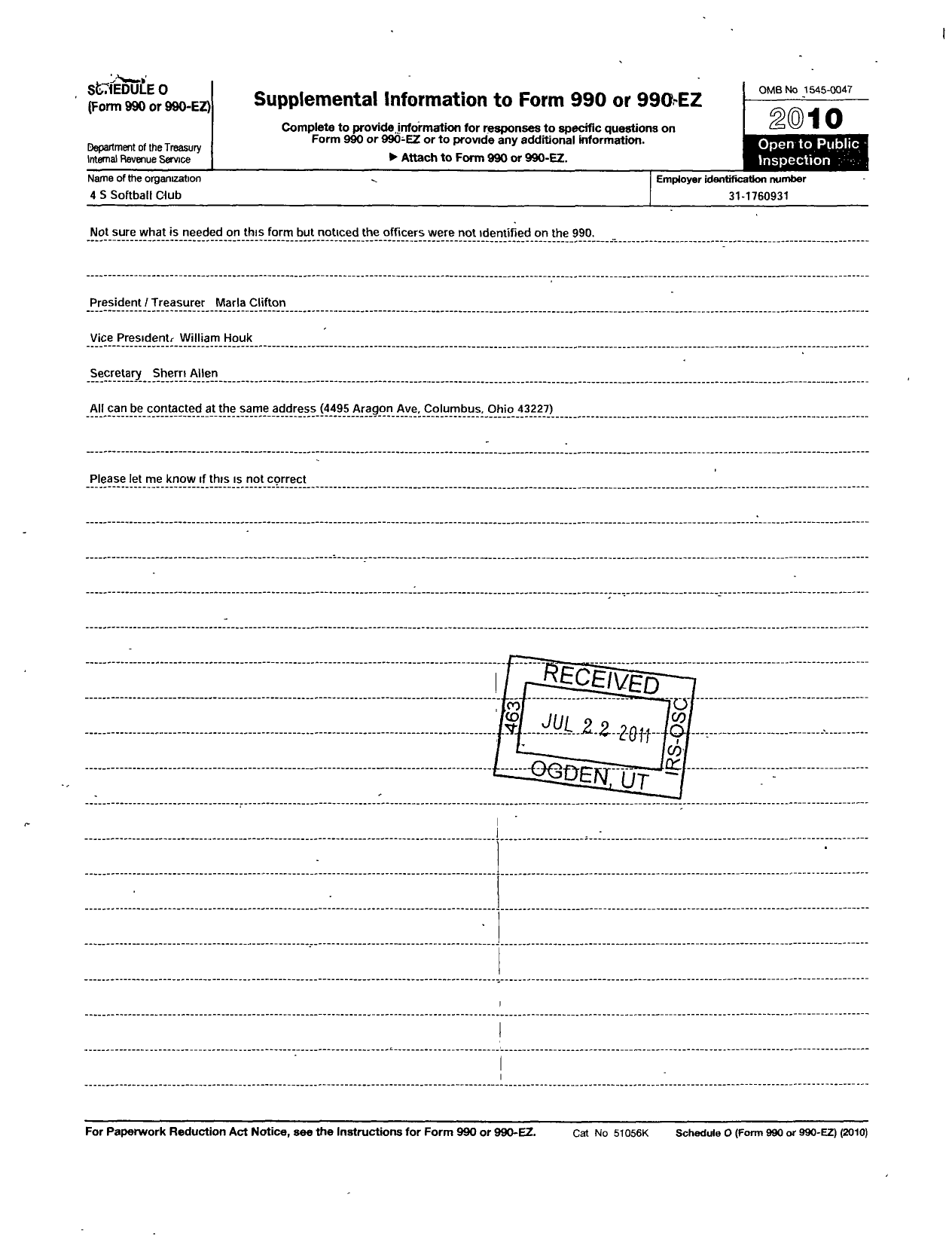 Image of first page of 2010 Form 990OR for 4-s Softball Club