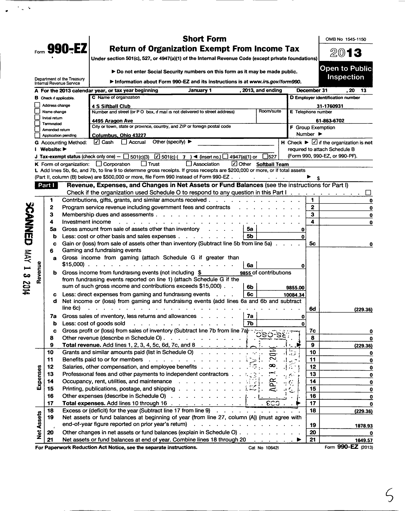 Image of first page of 2013 Form 990EO for 4-s Softball Club