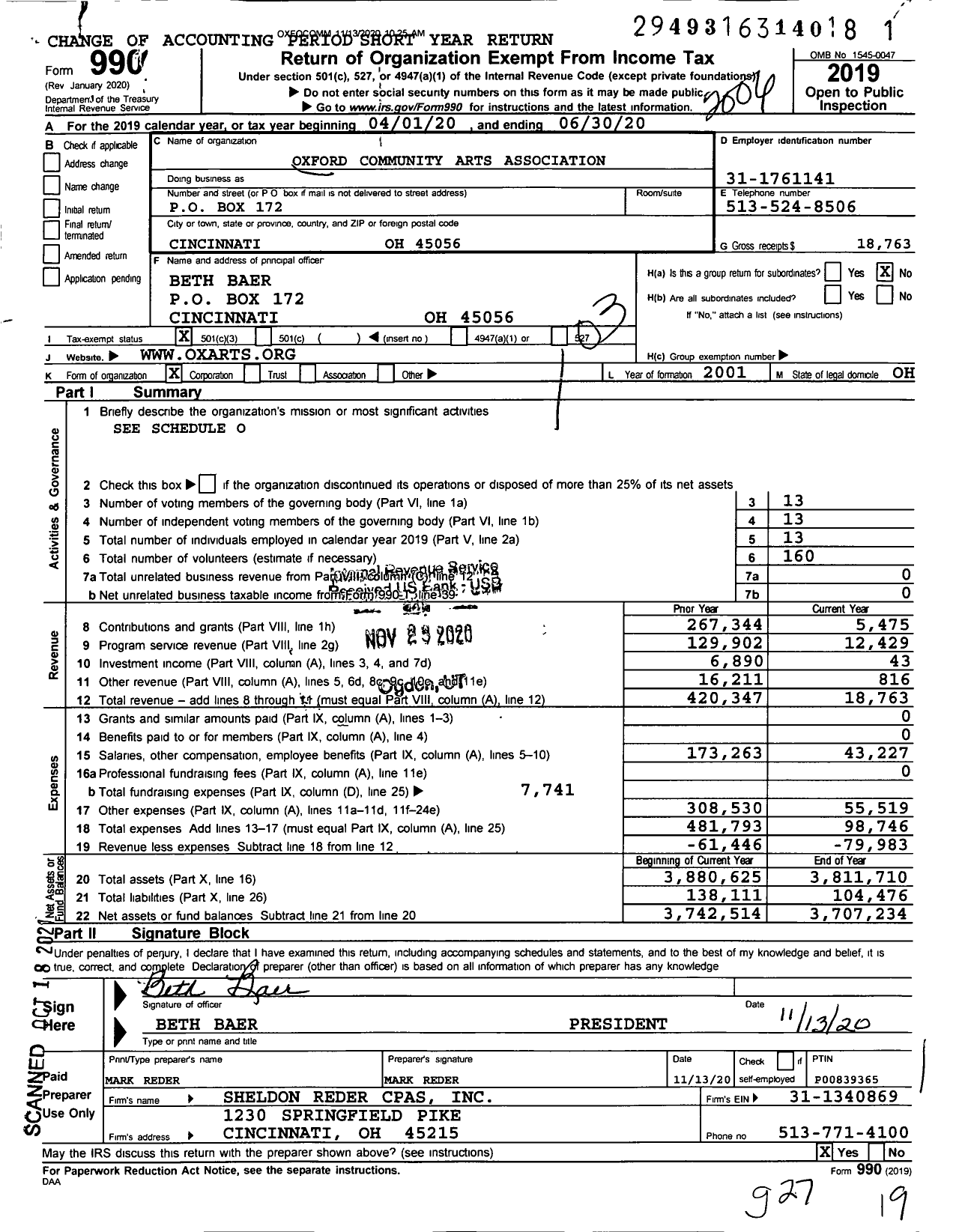 Image of first page of 2019 Form 990 for Oxford Community Arts Center