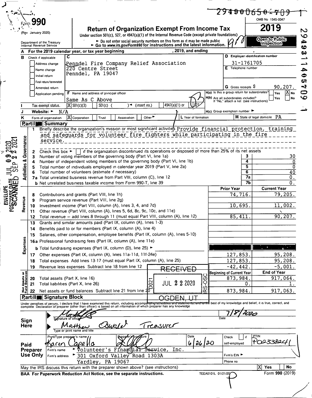 Image of first page of 2019 Form 990 for Penndel Fire Company Relief Assn