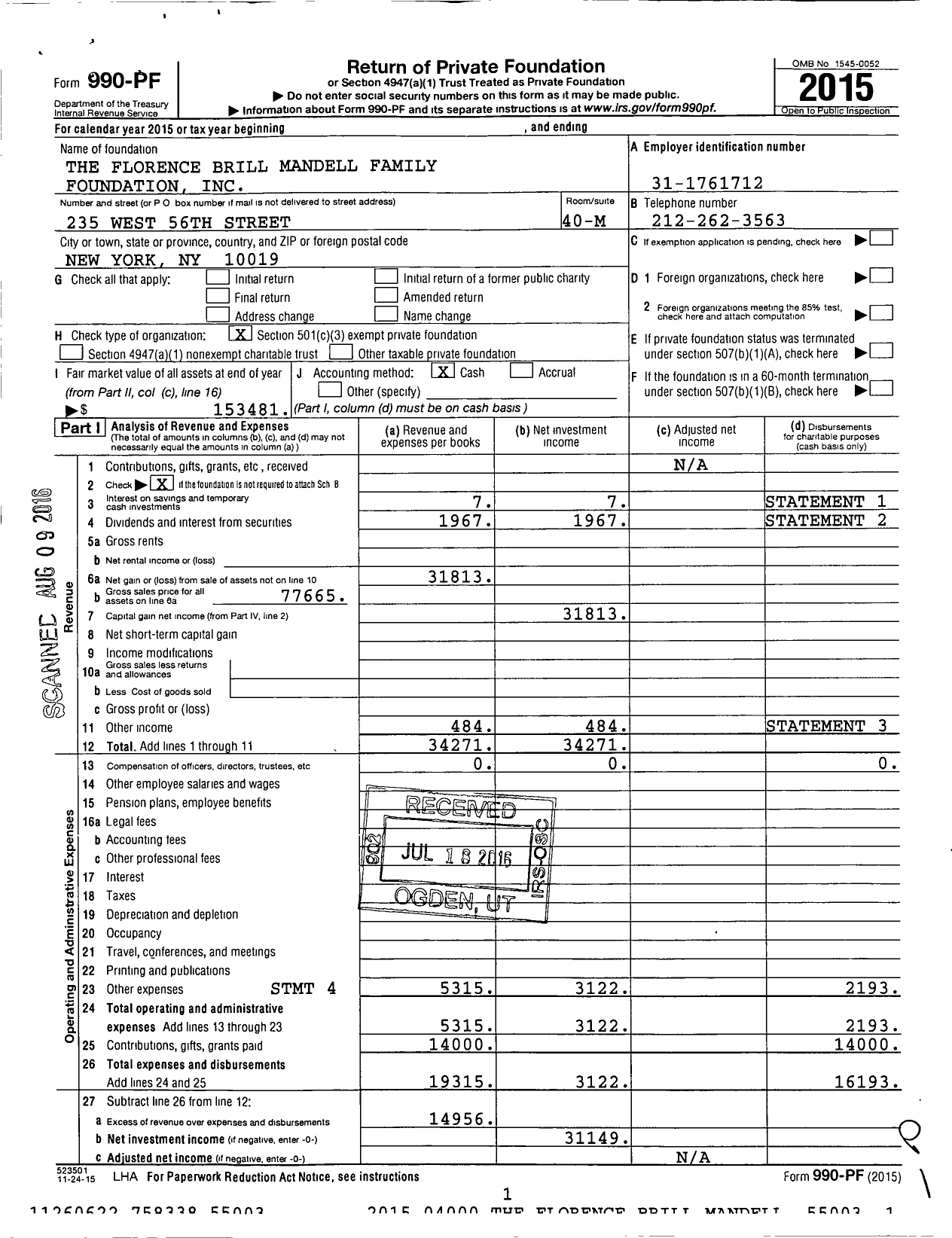 Image of first page of 2015 Form 990PF for The Florence Brill Mandell Family Foundation