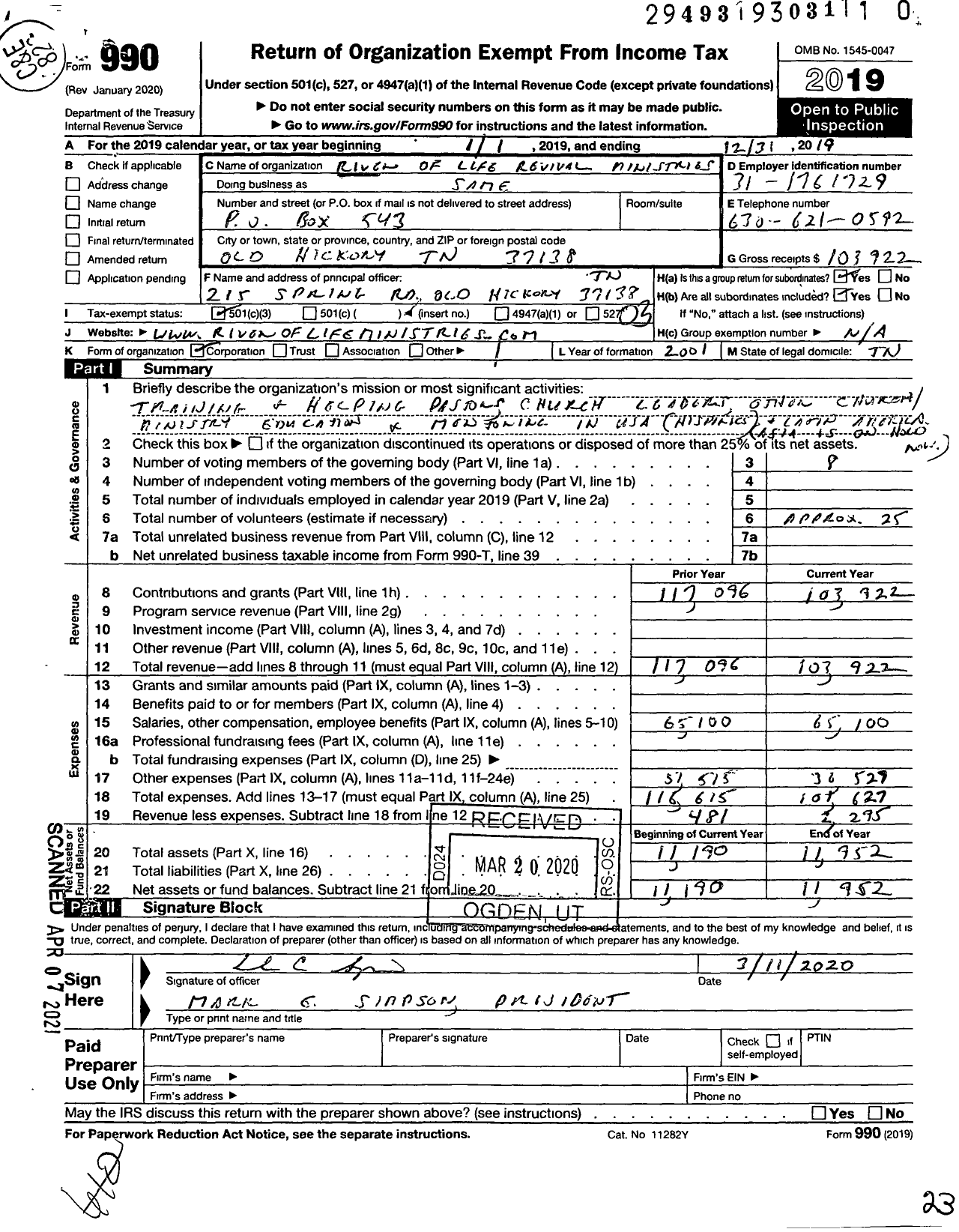 Image of first page of 2019 Form 990 for River of Life Revival Ministries