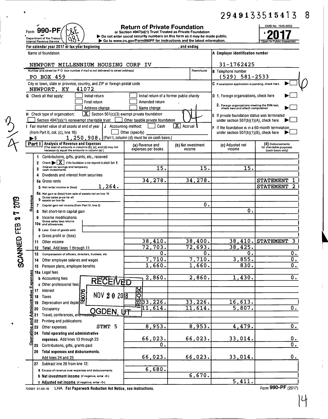 Image of first page of 2017 Form 990PF for Newport Millennium Housing Corp Iv