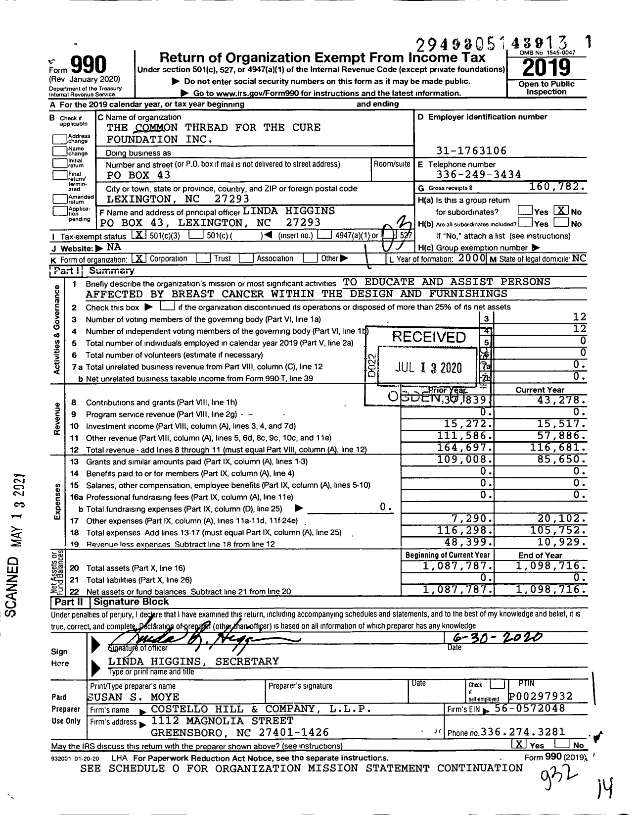 Image of first page of 2019 Form 990 for The Common Thread for the Cure Foundation