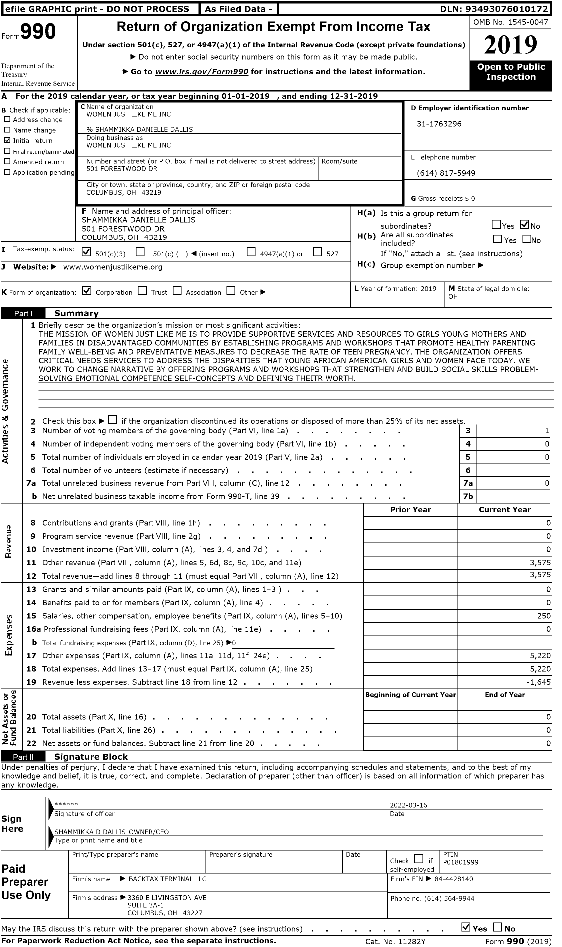 Image of first page of 2019 Form 990 for Women Just Like Me