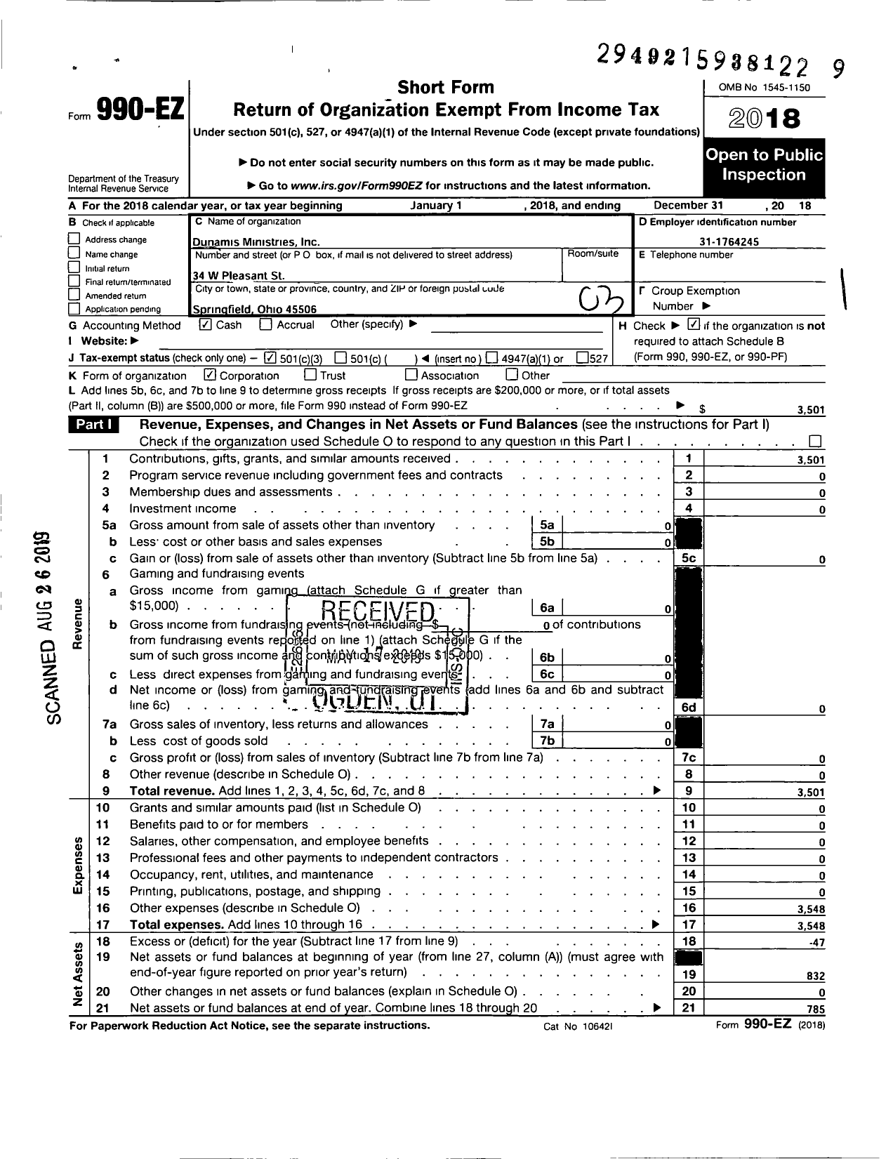 Image of first page of 2018 Form 990EZ for Dunamis Ministries