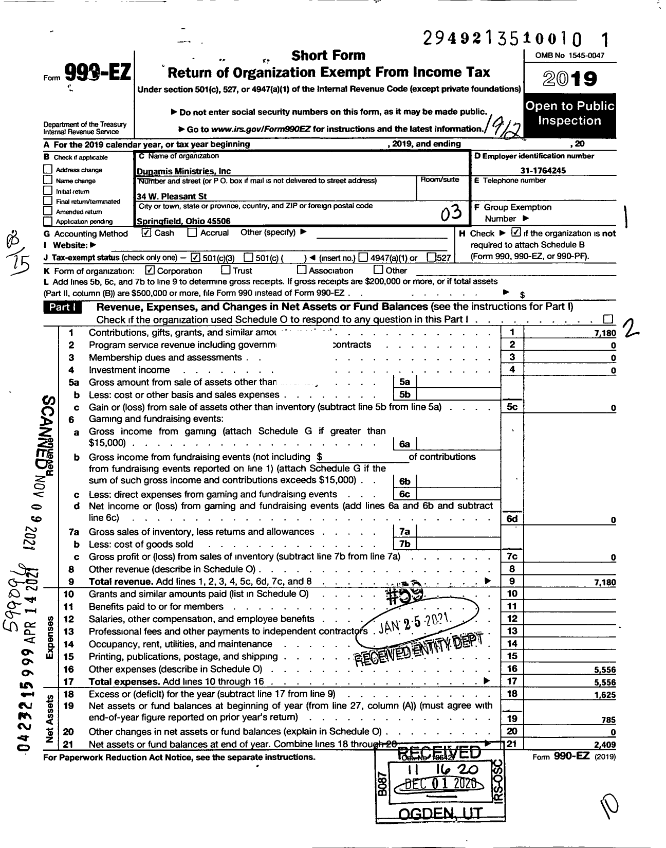 Image of first page of 2019 Form 990EZ for Dunamis Ministries