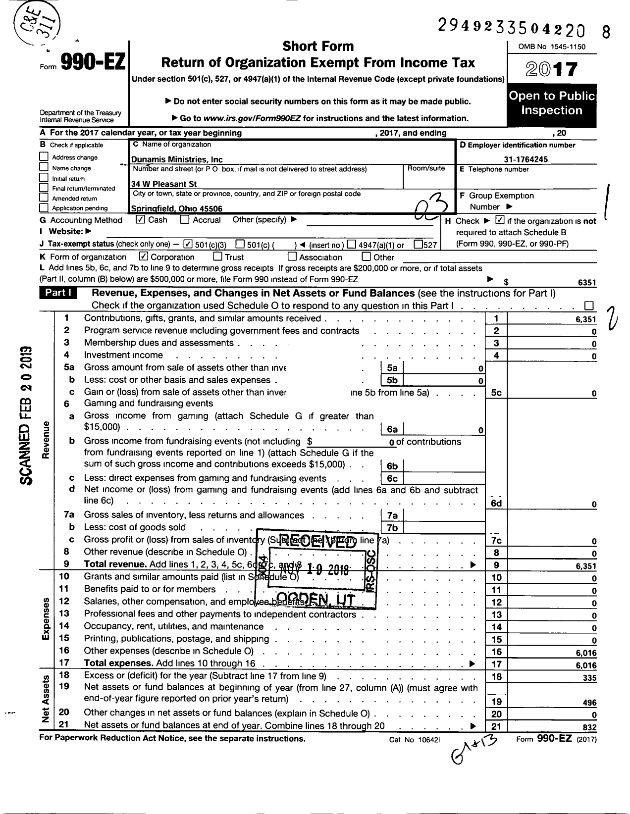 Image of first page of 2017 Form 990EZ for Dunamis Ministries