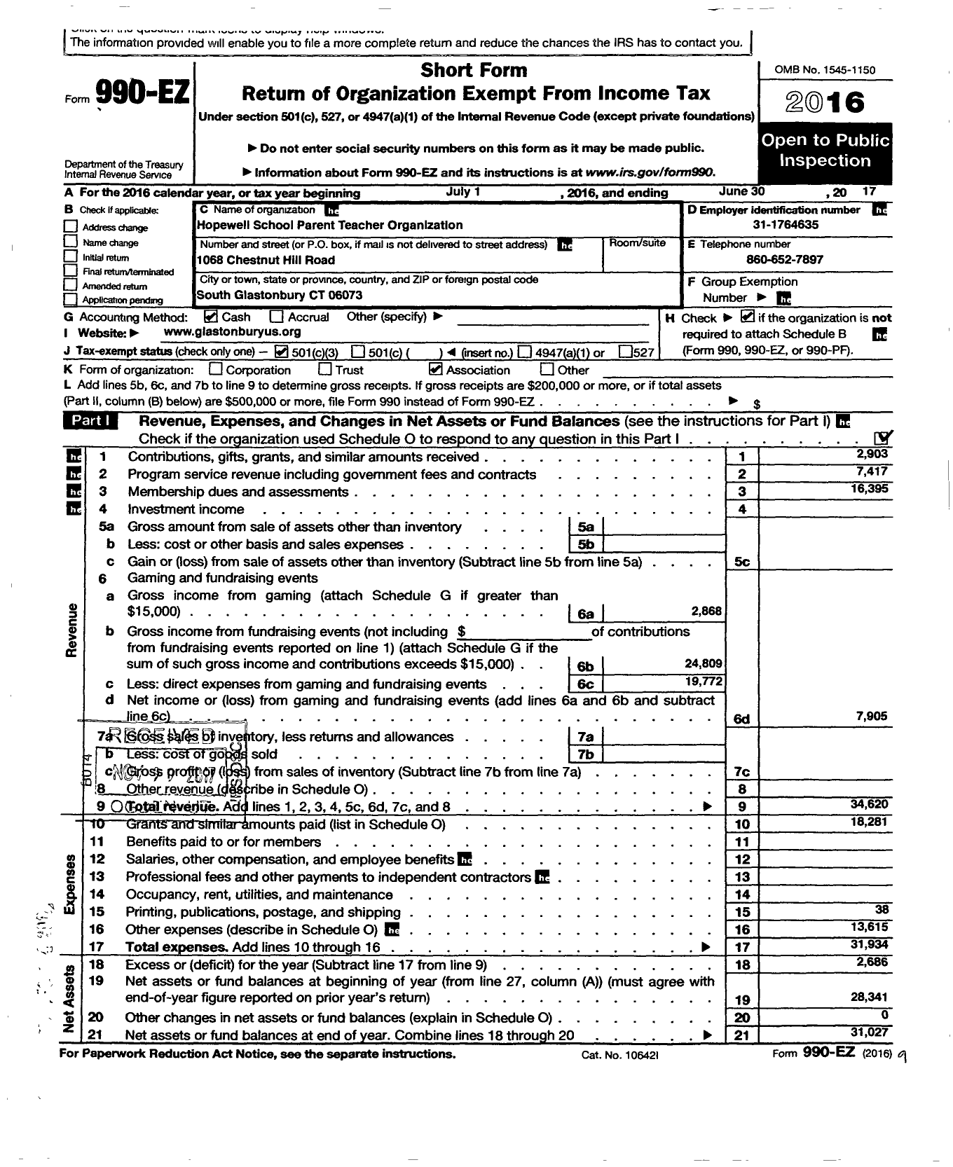 Image of first page of 2016 Form 990EZ for Hopewell School Parent Teacher Organization