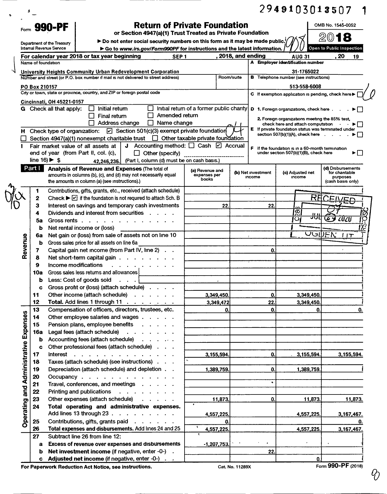 Image of first page of 2018 Form 990PF for University Heights Community Urban Redevelopment Corporation (UHCURC)