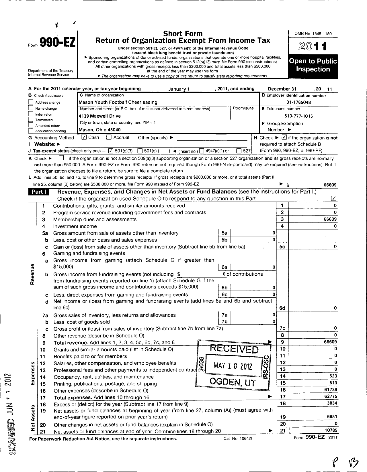 Image of first page of 2011 Form 990EZ for Mason Youth Football Cheerleading