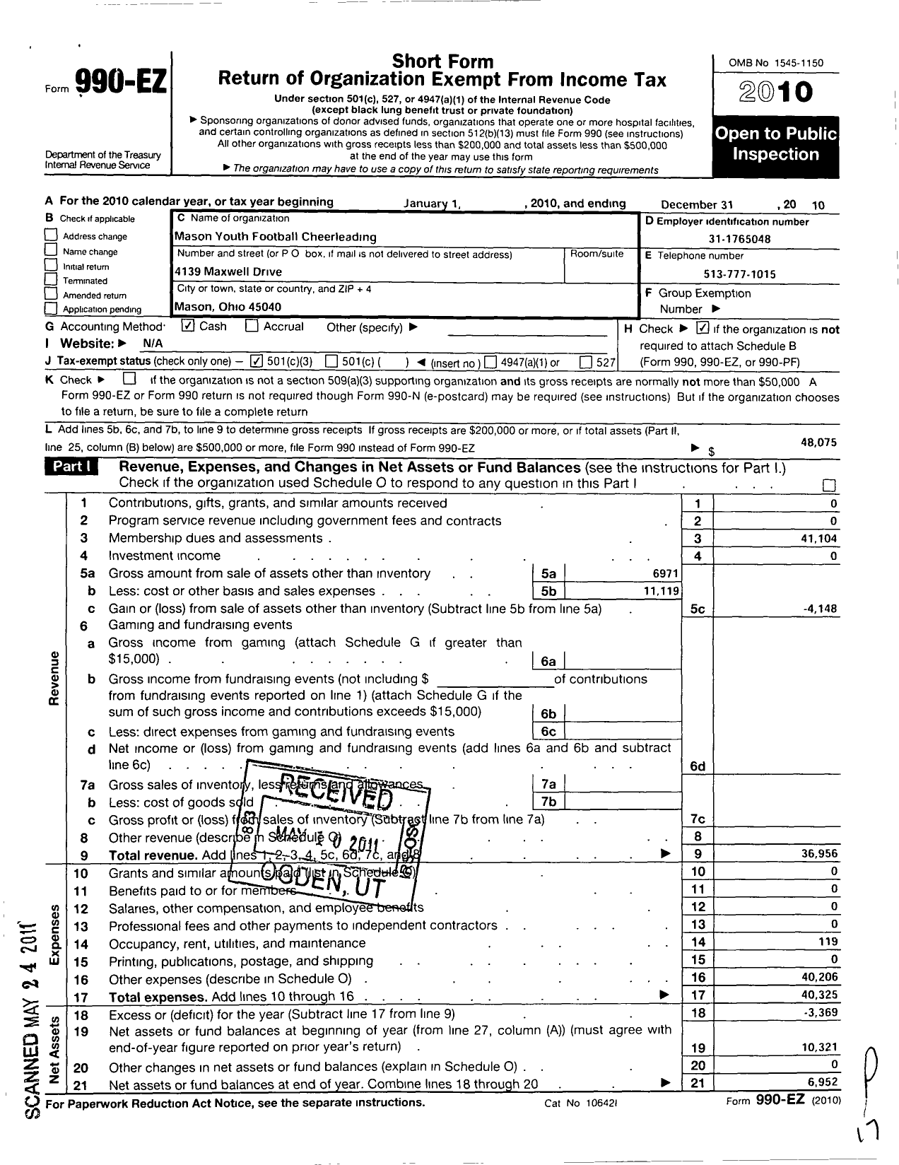 Image of first page of 2010 Form 990EZ for Mason Youth Football Cheerleading