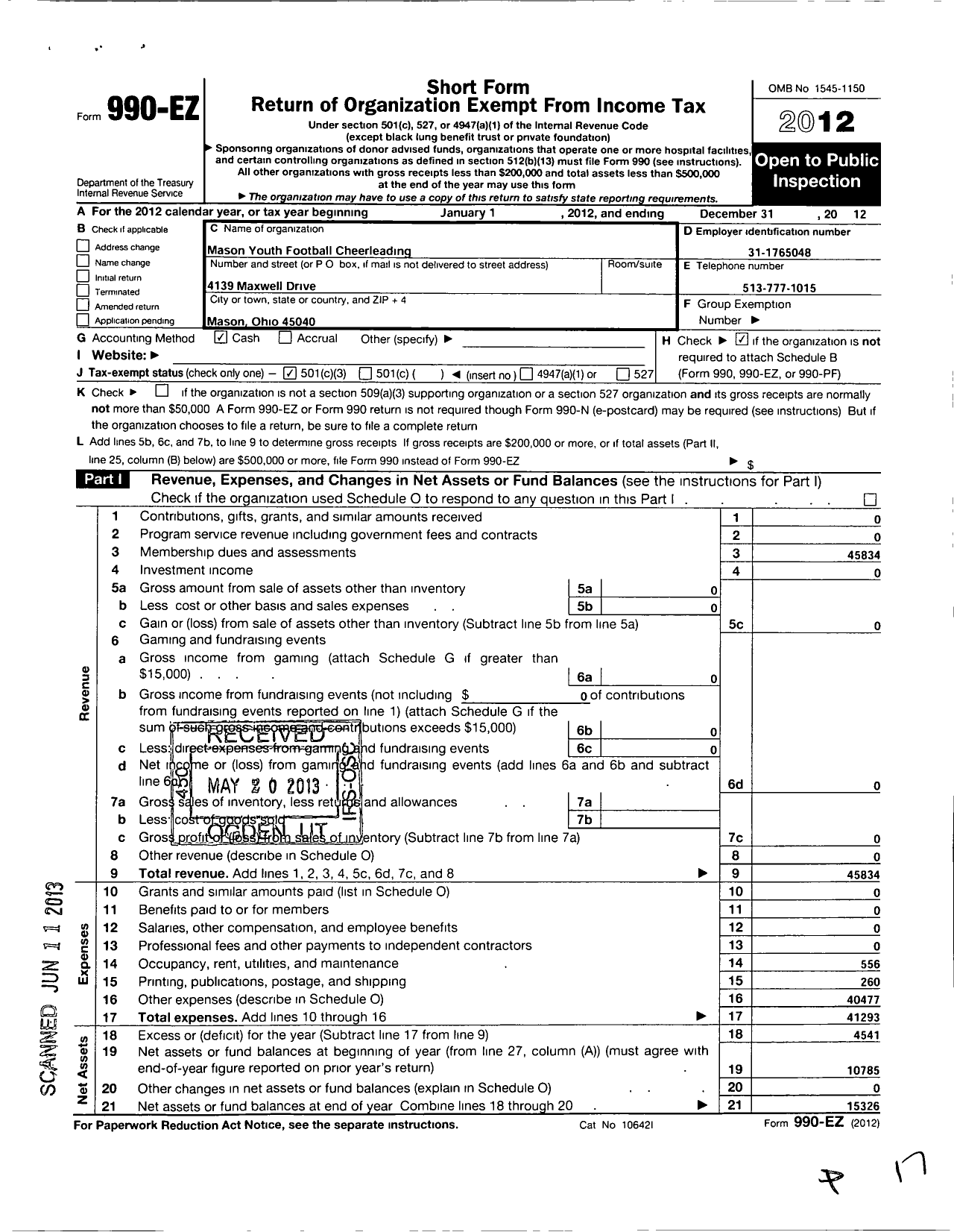 Image of first page of 2012 Form 990EZ for Mason Youth Football Cheerleading