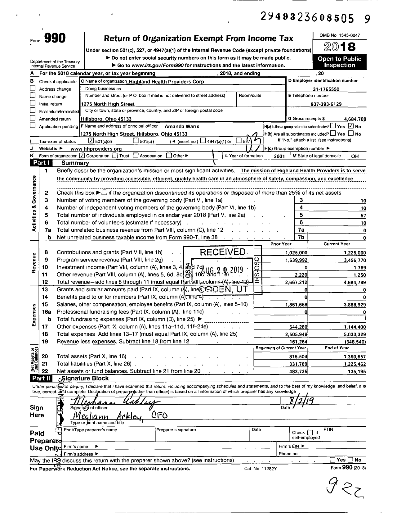 Image of first page of 2018 Form 990 for Highland Health Providers Corporation