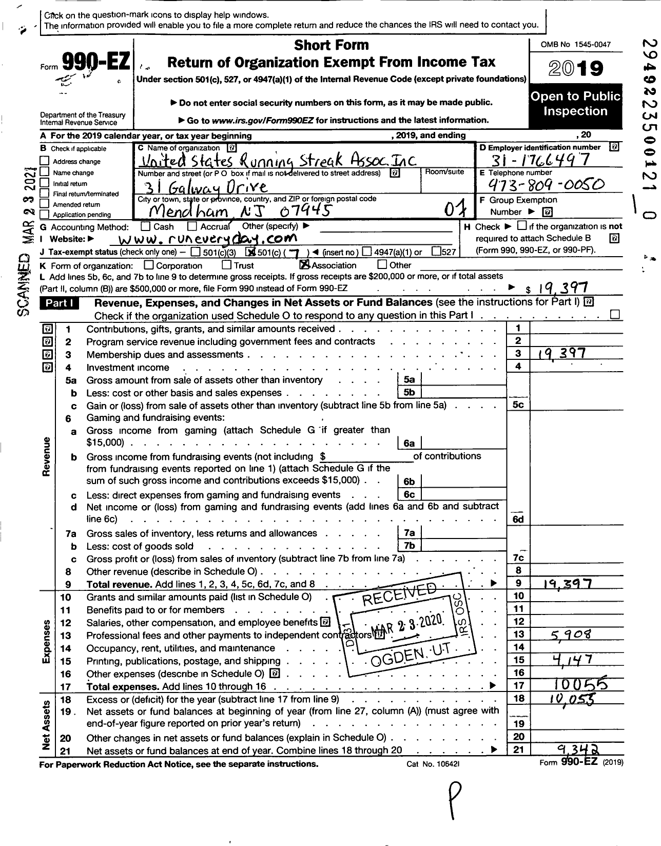 Image of first page of 2019 Form 990EO for United States Running Streak Association