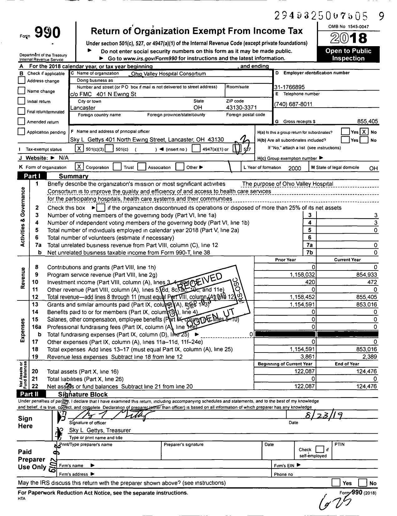 Image of first page of 2018 Form 990 for Ohio Valley Hospital Consortium