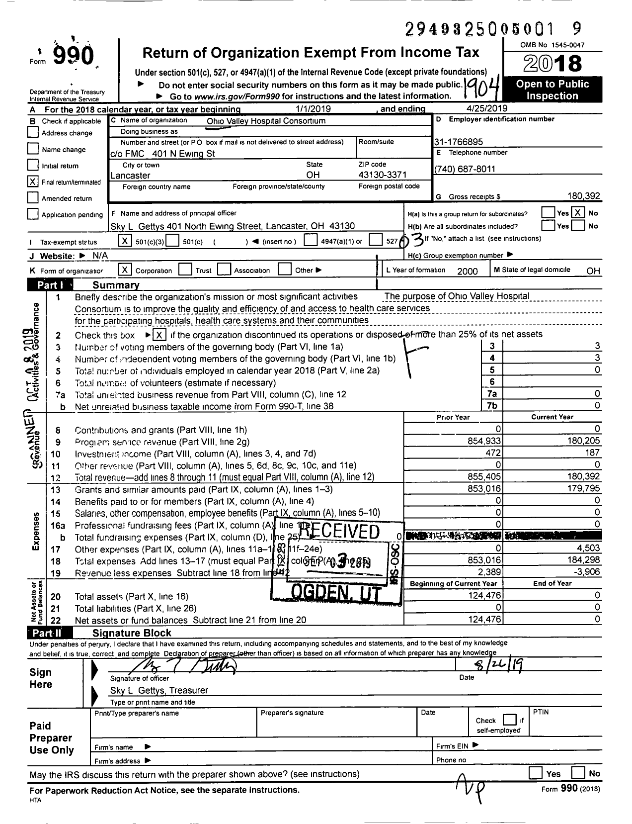 Image of first page of 2018 Form 990 for Ohio Valley Hospital Consortium